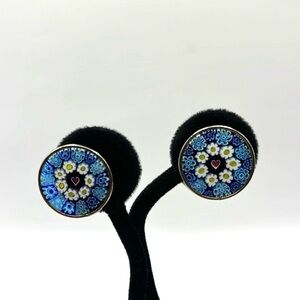Rare Nicolis Cola Vermeil Sterling Round Millefiori Murano Glass Clip Earrings